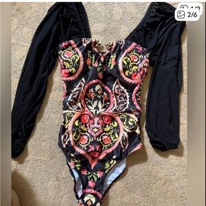NWT Paisley Floral Sheer Long Sleeve One-Piece Bathing Suit Swimsuit